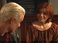 Spike and Willow share a joke, before she remembers he's a vampire, and hits him with a lamp